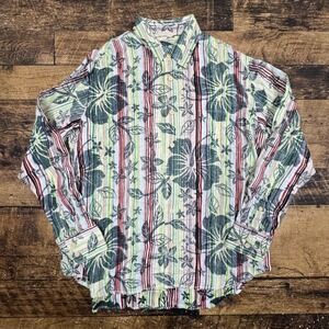 Tommy Bahama Relax Linen Blend Floral Stripe Button Down Shirt Men L AOP